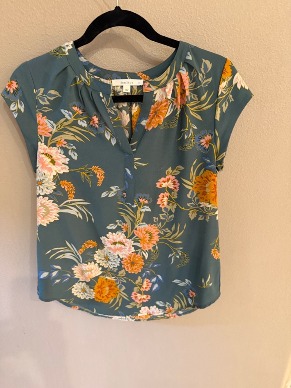 fun 2 fun Teal Floral Cap-Sleeve Blouse with Orange and Pink Blooms
